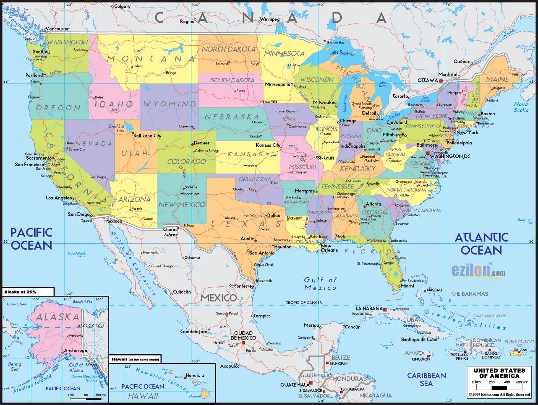 Большая политическая и административная карта Соединенных Штатов Америки с дорогами и крупными городами